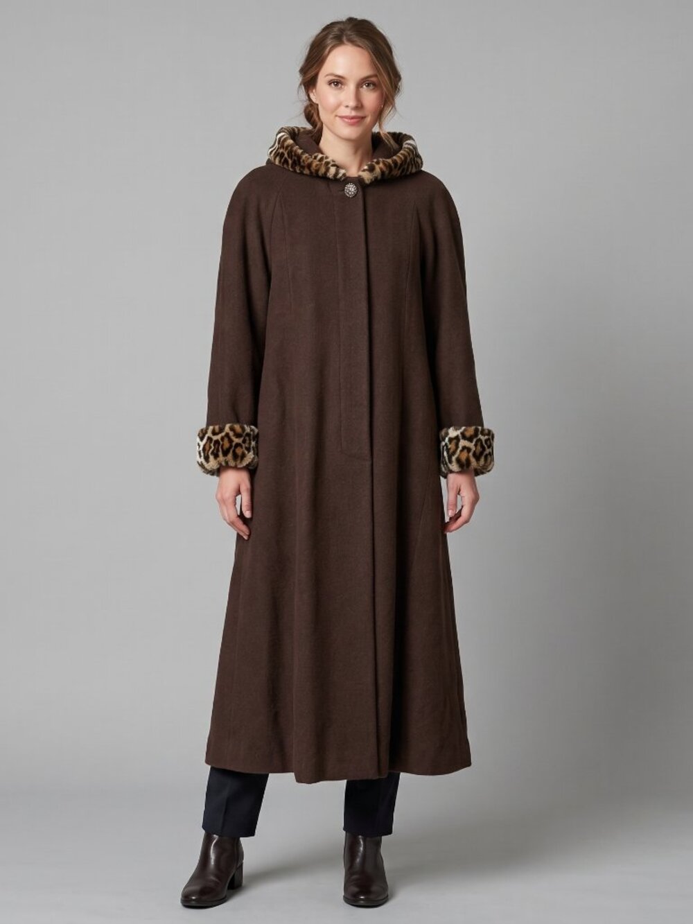 Vintage Braefair Wool Blend Swing Coat Faux Fur Trim Hooded Long Brown NWT